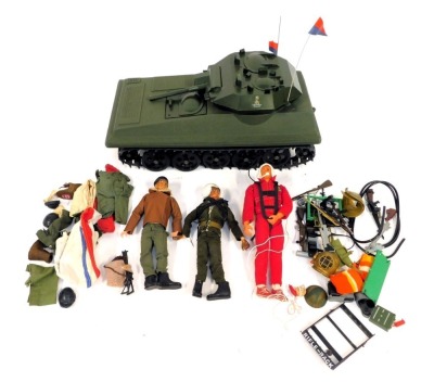 Action Man figures and accessories, including battle tank, accessories, weapons, etc., and a Kenner Six Million Dollar Man Steve Austin. (a quantity)