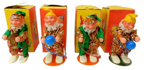 Sonni pump operated clowns, including 4032 Clown with Symbols, 4033 Clown with Ball, boxed. (4)