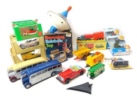 Matchbox, Corgi, Rojo Toys tinplate and diecast, including a Rojo Toys humming rainbow top, Corgi AEC Regal coach, Models of Yesteryear Rolls Royce Silver Ghost, Corgi gift set No 2 Land Rover with Rice's pony trailer and pony, etc., boxed and unboxed. (1