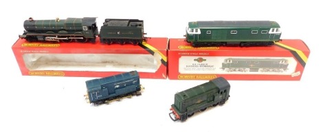 Hornby and kit built OO gauge locomotives, including King Class locomotive, King Edward 4-6-0, GWR green livery, BR class 35 diesel hydraulic locomotive, BR class 09 locomotive, and Cass 08 diesel shunter, boxed and unboxed. (4)