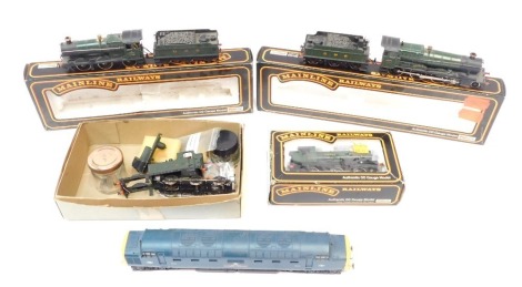 Mainline and Lima OO gauge locomotives, including Manor class Hinton Manor 4-6-0, GWR green livery, 57XX Pannier tank locomotive, GWR green livery, Cass 2251 Collett locomotive, GWR green livery, etc. (1 tray)