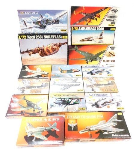 Heller model kits, including Nord 2501 Nor Atlas, AMD Mirage 2000 IVM, NAF 86F Sabre, Heinkel HE112BO/B1, Focke Wulf 56 Stosser, etc., boxed. (a quantity)