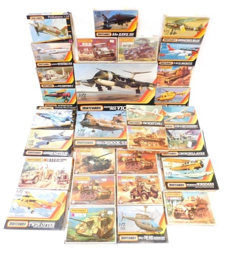 Matchbox model kits, including Panzer Jaeger mark 4, Handley Page Victor K2, Bell OH58D Aero Scout, Churchill AVRE, Hanomag SDKFZ25/1, T2CE Buckeye, etc., boxed. (a quantity)