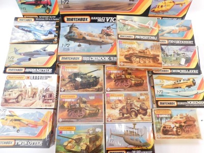 Matchbox model kits, including Panzer Jaeger mark 4, Handley Page Victor K2, Bell OH58D Aero Scout, Churchill AVRE, Hanomag SDKFZ25/1, T2CE Buckeye, etc., boxed. (a quantity) - 3