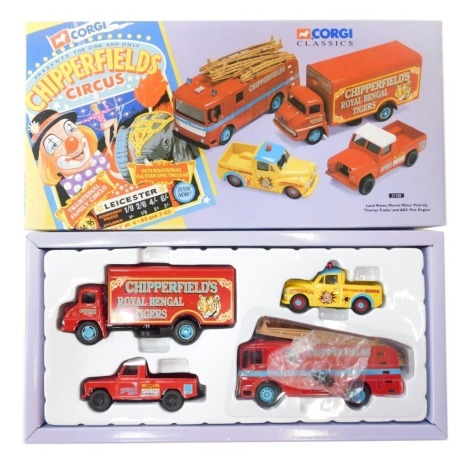 Corgi Classics Chipperfield Circus 31703 Land Rover, Morris Minor pickup, Thames Trader and AEC fire engine, boxed.