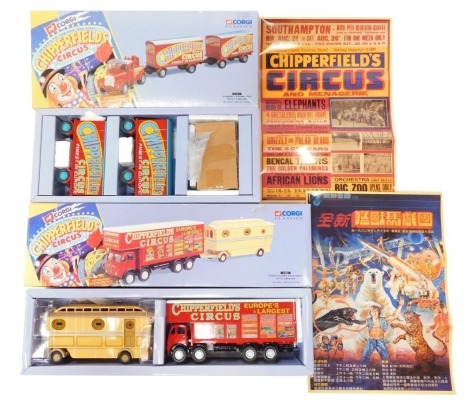 Corgi Classics Chipperfield Circus diecast 97915 Scammell Highwayman, with two trailers, and 97888 Foden closed pole truck with caravan, boxed. (2)