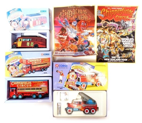 Corgi Classics Chipperfield Circus diecast, comprising 17801 Scammell Constructor Cannon and Ringmaster, 97896 AEC pole truck and 97022 AEC Regal Living Quarters, boxed. (3)