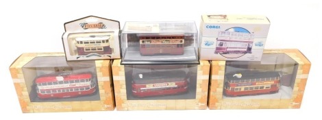 Corgi Days Gone and Peak Horse diecast trams, comprising The Original Omnibus Company OM40501 Feltham Tram London Transport, OM40503 Feltham Tram Sunderland Corporation Transport Dept, and OM40502 Feltham Tram Leeds City Transport Dept, Days Gone DG108007