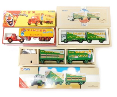 Corgi Classics diecast, comprising 97897 Scammel Highwayman Trailers Billy Smart Circus, 97891 The Billy Smart AEC Mercury truck and trailer, and Pinder Jean Richard 70101 Berliet TLR Semi Fourgon, boxed. (3)