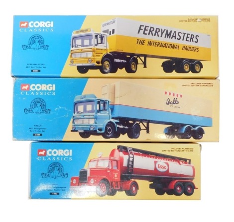 Corgi Classics diecast, comprising 21401 Walls AEC refrigerated box trailer set, 16302 Esso Scammel Highwayman and tanker trailer set, and 21301 Ferrymasters AEC box trailer set, boxed. (3)