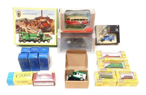 Corgi EFE and other boxed Diecast, including Leyland PS2 Windover coach North Western, Atlas Editions multiple gun motor carriage M16, Corgi Trackside DG202003 Austin J2 van Royal Mail, Corgi D51/1 Greene King Fine Ales limited edition set, etc. (1 box)