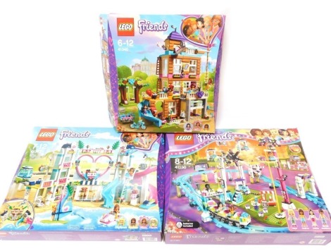 Lego Friends set, comprising 41340 Friendship House, Amusement Park Rollercoaster 41130, and Hart Lake City Resort 41347, boxed. (3)