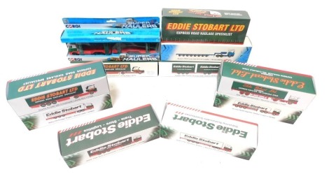 Corgi and Atlas Editions Eddie Stobart limited diecast, including Scania R440 Highline tanker Lynn, Mann TGX XLX Curtainside Caitlin Elizabeth, Volvo FH460 box trailer Marina Elizabeth, Corgi Superhaulers TY86652 Eddie Stobart car transporter, Scania R143