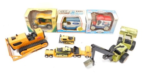 Tonka and other diecast, including a Tonka trencher, Tonka bulldozer, Tonka flat bed truck, boxed, Ertl Ford 1913 Model T delivery wagon, Gear Box Toys 1912, Crayola coin bank, Pepsi Cola limited edition coin bank, etc. (a quantity)