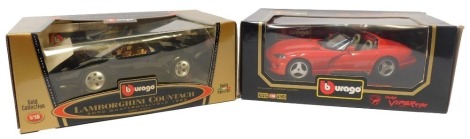 Burago diecast vehicles, 1:18 scale, comprising Burago Viper RT10, and Lamborghini Countach 5000 Quatra valve only 1988, boxed. (2)