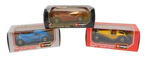 Burago diecast vehicles, 1:24 scale, comprising Bugatti Atlantic 1936 in tan, Bugatti Atlantic 1936 in blue, and Bugatti Type 55 1932, boxed. (3)