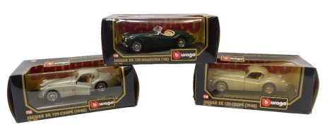 Burago diecast vehicles, 1:24 scale, including Jaguar XK120 Roadster, Jaguar XK120 Coupe 1948, and a Jaguar SK120 Coupe 1948, boxed. (3)