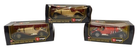 Burago diecast vehicles, 1:24 scale, comprising Mercedes Benz SSK 1928, Mercedes Benz SSK 1928 in cream, Mercedes Benz SSK 1928 in red. (3)