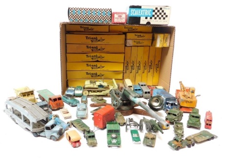 Dinky, Matchbox, and other play worn diecast vehicles, including Dinky Supertoys 20 tonne lorry mounted crane, Dinky toys delivery service car transporter, Dinky Supertoys Foden flat bed truck, Dinky toys Euclid rear dump truck, etc. (1 box)