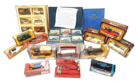 A collection of model cars, Corgi and others, to include 1953 Jaguar XK120, a 1952 Jaguar XK120, 1957 Thunderbird, Corgi Classics 1929 Thorney Croft van, Original Omnibus Bristol L5 G, Vulcan Minor miniature sewing machine, a 1929 Thorney Croft truck, Mat