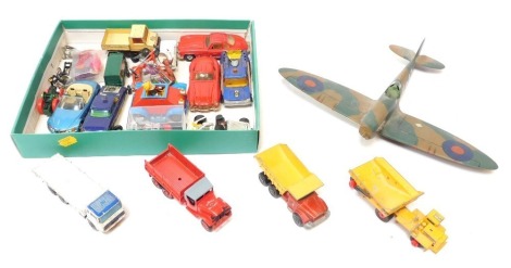 Diecast vehicles, playworn, to include Matchbox Superkings pallet truck, kit built model aeroplane, cars, etc. (2 boxes)