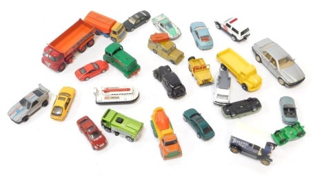 Diecast vehicles, playworn, comprising Matchbox Series Hoveringham truck, Lonestar Impy truck, Tetley Tea, and others. (1 box)