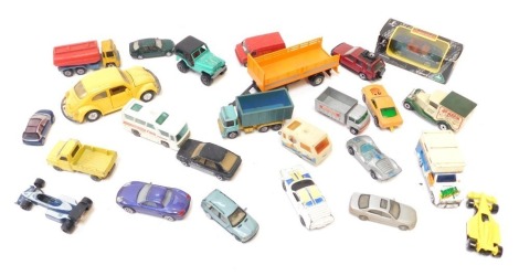 Diecast vehicles, playworn, a boxed SMS Special Motor Squad sports car, yellow welly Beetle, trailer, Summer Ferrari, and others. (1 box)