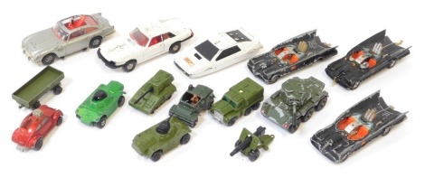 Diecast play worn vehicles, to include Matchbox Mercedes trailer, Corgi toys Saladin armored car, Batman Batmobile, and others. (1 box)