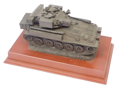 A Martin Duchemin armored tank model, bronzed effect set on a yew wood rectangular base, 15cm high, 29cm wide, 18cm deep.