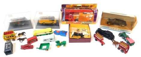 Diecast play worn vehicles, boxed Matchbox Super Kin's articulated horse box, Dinky Citroen CV, tractor, truck, Tardis, etc. (1 tray)