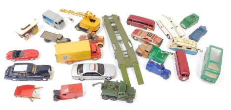 Diecast play worn vehicles, comprising Dinky Luxury coach, Heinz variety truck, Basil Brush, Corgi comics, and others. (1 tray)