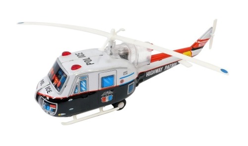 A Japanese tinplate Highway Patrol helicopter, N128OP, 13cm high, 36cm wide.