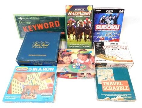 A group of vintage games, to include Race Night, Trivial Pursuit, Sudoku, Buzz Wire, Five in a Row, Travel Scrabble, and others. (1 box)