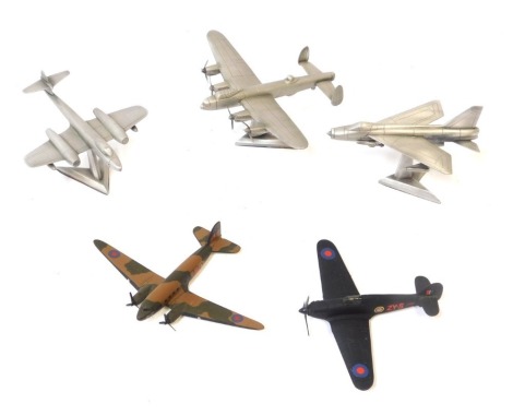 Royal Hampshire Art Foundry aviation models, comprising The Meteor, Lightning, and Lancaster, and two Corgi miniature diecast aircrafts, enclosed in three Royal Hampshire boxes. (5)