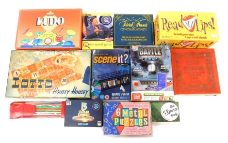 A group of vintage games, to include Read My Lips, Scenit, Five Gold Rings, Trivial Pursuit, etc. (1 box)