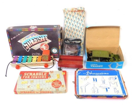 Various toys and games, comprising a Fisher Price pull along tune keyboard, a Britain's truck, Street Safe game, Scalextric track, plastic warriors, etc. (1 box)