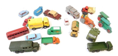 Diecast vehicles, playworn, including Dinky Trojan van, Dinky articulated roller, Corgi Mercedes Benz 240D, etc. (1 tray)