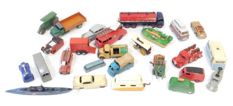 A group of diecast Dinky and Corgi toys, playworn, to include Royal Mail van, horse trailer, fire engine, forklift, etc. (1 tray)