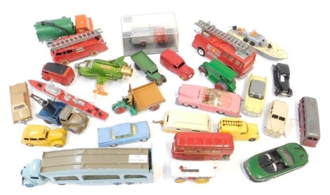 Diecast vehicles, playworn, to include Dinky car transporter, Dinky fire engine 955, Shadow, truck, Lady P's car, etc. (1 tray)