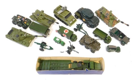 A group of Dinky and Corgi diecast playworn armoured vehicles, to include tanks, flatbed trucks, medi vehicles, etc. (1 tray)