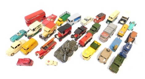 A group of diecast playworn vehicles, Dinky and other, to include Bedford van, London bus, armoured tank, Models of Yesteryear, etc. (1 tray)