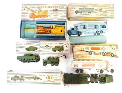 Dinky Supertoys armoured vehicles, comprising The Recovery Tractor number 661, Centurion tank 651, tank transporter 660, Pullmore car transporter 982, The Gun Wagon 972, boxed and partially boxed, and a Dinky Toys Esoo fuel tanker. (6, AF)