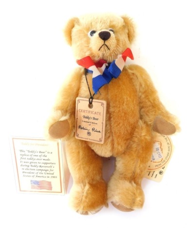 A Robin Rive plush blonde jointed Teddy bear, Teddy for President limited edition number 17/500, with labels and tags, 23cm high.