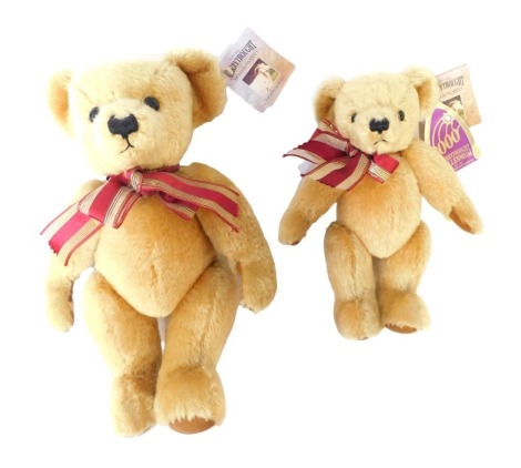 Two Merry Thought mohair blonde plush jointed Teddy bears, each The Ironbridge in Shropshire brand 2000 Millennium bear, large and small, 30cm and 22cm high. (2)