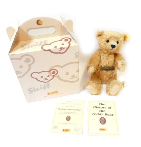 A Steiff blond plush jointed Teddy bear for 2002 Centenary bear, with labels, tags, 25cm high, boxed.