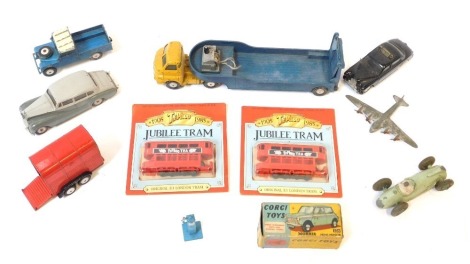 Diecast playworn vehicles, comprising a Corgi rice pony trailer, truck, Jubilee trams, Corgi Toys Morris Minor boxed, etc. (1 tray)