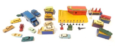 A Matchbox garage showroom and service station partial set, various loose playworn diecast vehicles, etc. (1 tray)