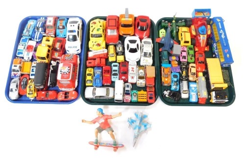 Various playworn toys and games, comprising push along cars, aeroplanes, bus, skate boarder, etc. (3 trays)