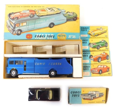 Two Corgi Toys diecast vehicles, comprising The Ecurie Ecosse, racing car transporter and three racing cars, gift set number 16, boxed, and a Corgi Chevrolet State patrol car number 223, boxed. (2)