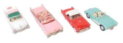 Four 1-18 scale diecast vehicles, comprising a Revell Thunderbird 1990, Burago Chevrolet Corvette 1957, Maisto Cadillac 1959, and a Road Tough 55 Ford Fairlane 1-18 scale. (4)